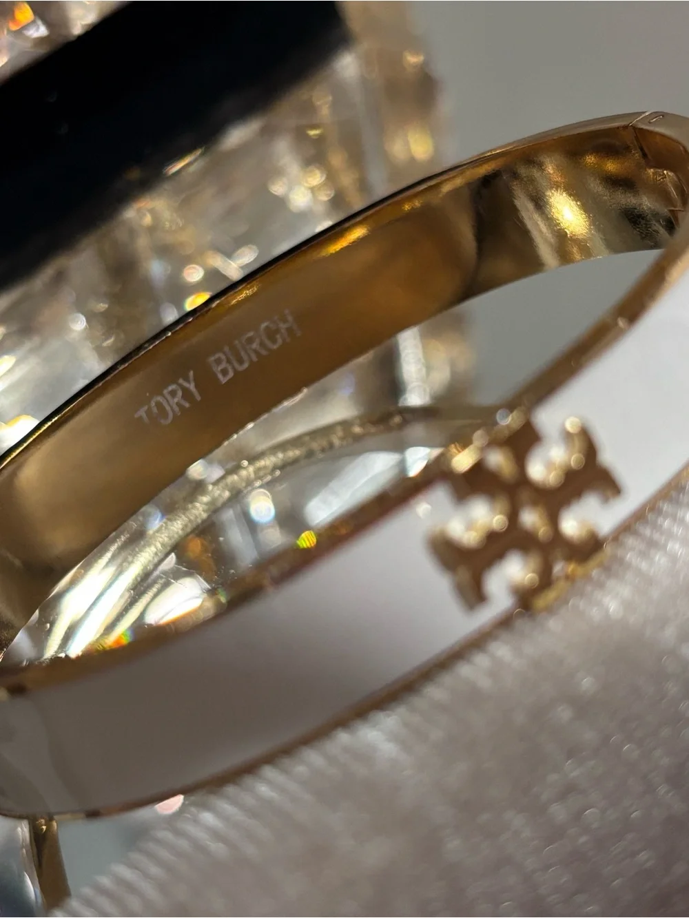 Tory Burch Gold and White Logo Bangle Bracelet